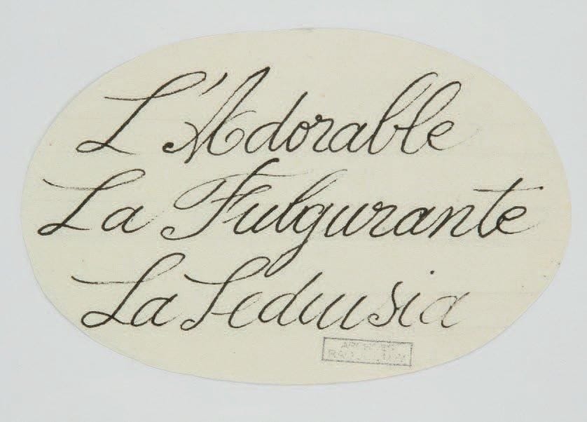 Raoul DUFY (1877-1953)
L'Adorable, la Fulgurante, la Séduisia Encre et traits de crayon. Projet graphique pour les ateliers Bianchini-Férier. Timbre des archives Raoul Dufy en bas à droite. 8 x 12 cm