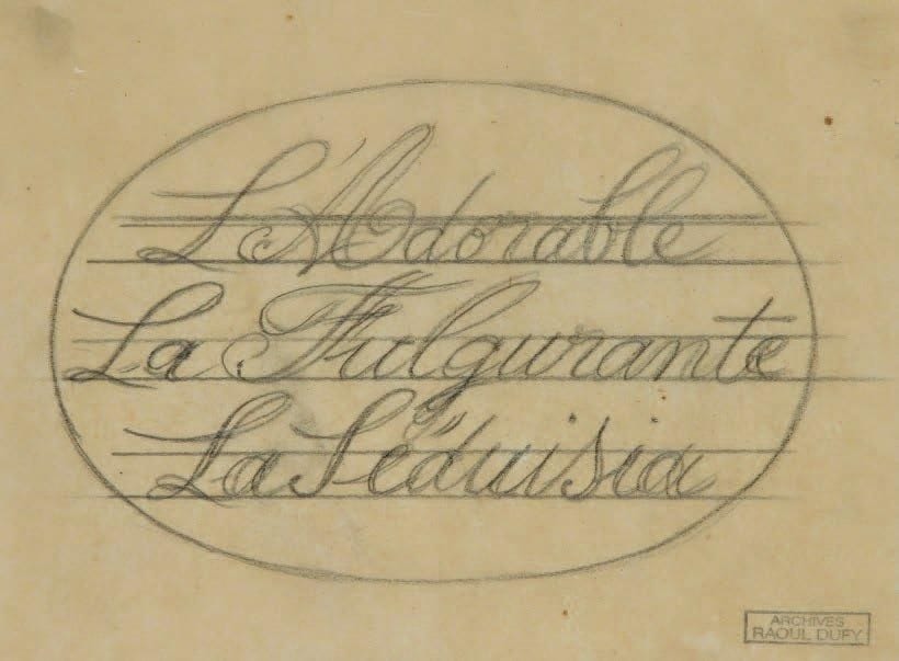 Raoul DUFY (1877-1953)
L'Adorable, la Fulgurante, la Séduisia Mine de plomb. Projet graphique pour les ateliers Bianchini-Férier. Timbre des archives Raoul Dufy en bas à droite. 11 x 15 cm