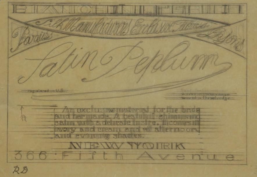 Raoul DUFY (1877-1953)
Satin Peplum Mine de plomb sur papier calque. Projet graphique pour les ateliers Bianchini-Férier à New York. Timbre du monogramme en bas à gauche. (Pliure). 18,5 x 28 cm