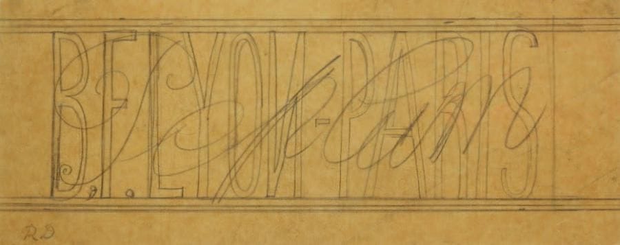 Raoul DUFY (1877-1953)
Peplum Mine de plomb sur papier calque. Projet graphique pour les ateliers Bianchini-Férier. Timbre du monogramme en bas à gauche. 13 x 31 cm
