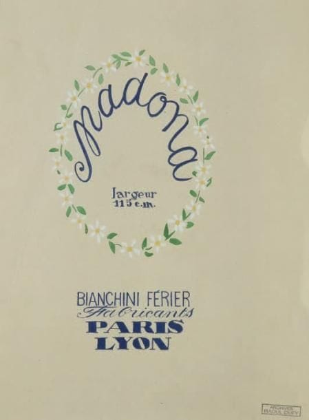 Raoul DUFY (1877-1953)
Madona Encre et gouache. Projet graphique pour les ateliers Bianchini-Férier. Timbre des archives Raoul Dufy en bas à droite. (Pliure). 23 x 17 cm