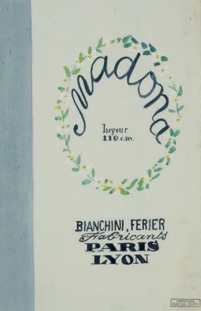 Raoul DUFY (1877-1953)
Madona Encre, aquarelle et gouache. Projet graphique pour les ateliers Bianchini-Férier. Timbre des archives Raoul Dufy en bas à droite. 22 x 15 cm