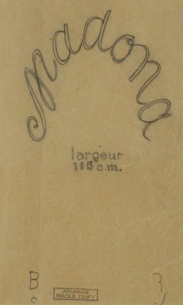 Raoul DUFY (1877-1953)
Madona Mine de plomb sur papier calque. Projet graphique pour les ateliers Bianchini-Férier. Timbre des archives Raoul Dufy en bas vers la gauche. 14 x 9,5 cm