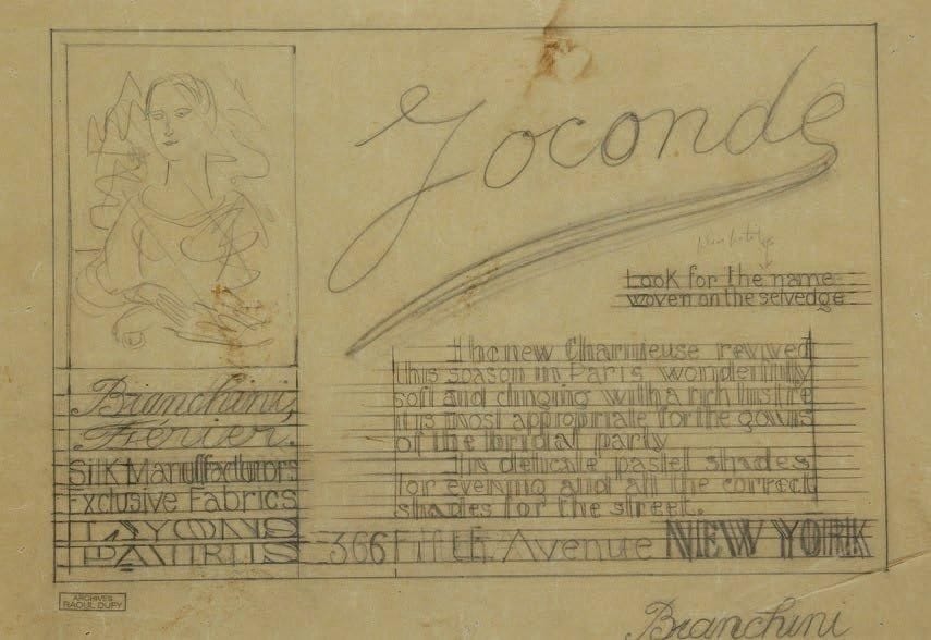 Raoul DUFY (1877-1953)
La Joconde Mine de plomb sur papier calque. Projet de réclame pour les ateliers Bianchini-Férier à New York. Timbre des archives Raoul Dufy en bas à gauche. Annotation de l'artiste. (Pliures et rousseurs). 20 x 29 cm