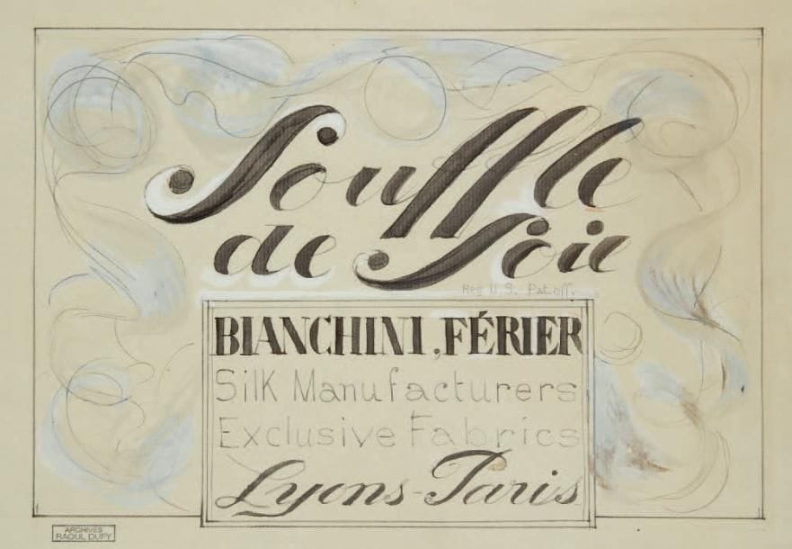 Raoul DUFY (1877-1953)
Souffle de soie Encre, gouache et traits de crayon. Projet graphique pour les ateliers Bianchini-Férier. Timbre des archives Raoul Dufy en bas à gauche. 17,5 x 26,5 cm