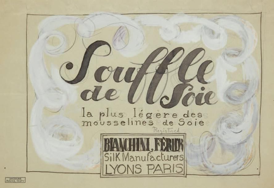 Raoul DUFY (1877-1953)
Souffle de soie Encre, aquarelle, gouache et traits de crayon. Projet graphique pour les ateliers Bianchini-Férier. Timbre des archives Raoul Dufy en bas à gauche. (Pliures). 19 x 28 cm