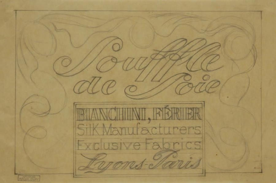 Raoul DUFY (1877-1953)
Soufle de soie Mine de plomb sur papier calque. Projet graphique pour les ateliers Bianchini-Férier. Timbre des archives Raoul Dufy en bas à gauche. (Pliures). 17,5 x 26,5 cm
