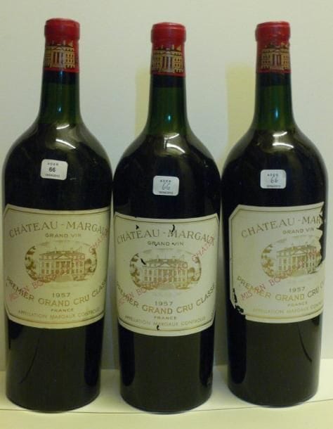 6 Magnums CH. MARGAUX, 1° cru Margaux 1957 (2 ea, 1 eta TLB, 1 LB ela, 1 J, 1 TLB)