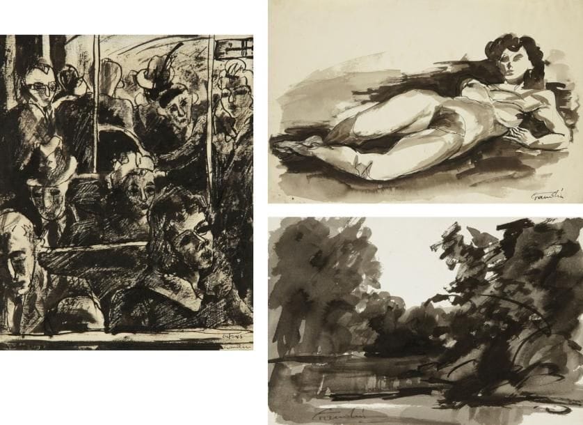Auguste GAUDIN (né en 1914)
Métro; Nus; Paysages; Scènes de genre... vers 1945-1950. Dix-neuf dessins à la plume, encre de chine et lavis sur vélin ou vergé. Signés, certains datés. Formats divers. Provenance: Galerie Marcel Guiot