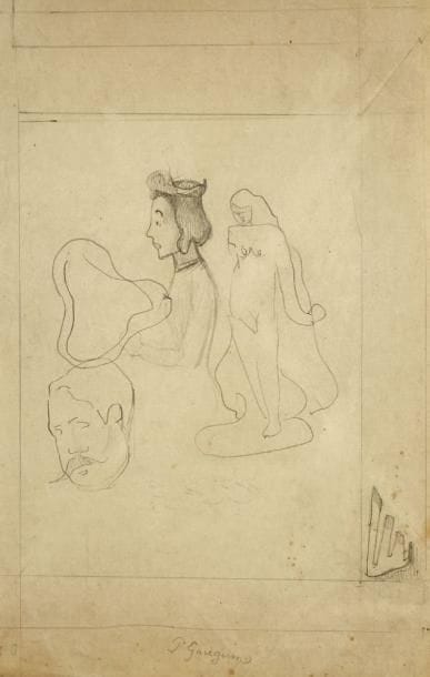 Paul GAUGUIN (1848-1903)
Feuille de croquis (tête d?homme moustachu, femme de profil, femme nue en pied), vers 1890-1893. Mine de plomb sur vélin mince. Signé en pied «P Gauguin». Numéro «30» au crayon bleu dans l?angle inférieur gauche. (Quelques rousseurs claires, légères traces de plis, traces de frottement et courtes déchirures aux bords du feuillet). Provenance: Galerie Marcel Guiot. «Lors de son second voyage à Tahiti, Gauguin, après un court séjour dans l?Ile de Fatuiva (ou Fatou Hiva), s?était installé à la Dominique, la plus grande des Iles Marquises. Il y passa près de deux ans et il y mourut le 8 mai 1903, après de terribles souffrances, dans un isolement total et dans un grand dénuement. Une vente de ce qui restait dans sa case eut lieu à Papeete quelque temps après. Les toiles, sculptures, planches de bois, y furent dispersées pour des sommes infimes. Un carton contenant une série de dessins, aquarelles, monotypes, autographies, sur lequel Gauguin avait écrit de sa main «Documents Tahiti, P.G.O., 1891, 1892, 1893» et provenant vraisemblablement de cette vente, a été acquis récemment par M. Marcel Guiot...» (Marcel Guérin, préface au catalogue de l?exposition «Paul Gauguin», Galerie Marcel Guiot, 15 mai-13 juin 1942). L?encadrement des figures par plusieurs filets à la mine de plomb sur notre feuille laisse supposer que l?artiste étudiait une mise en page à fin d?illustration, peut-être pour les manuscrits Noa-Noa ou Avant et Après, ce que corrobore selon nous le numéro au crayon bleu dans l?angle inférieur gauche, possible indication de pagination