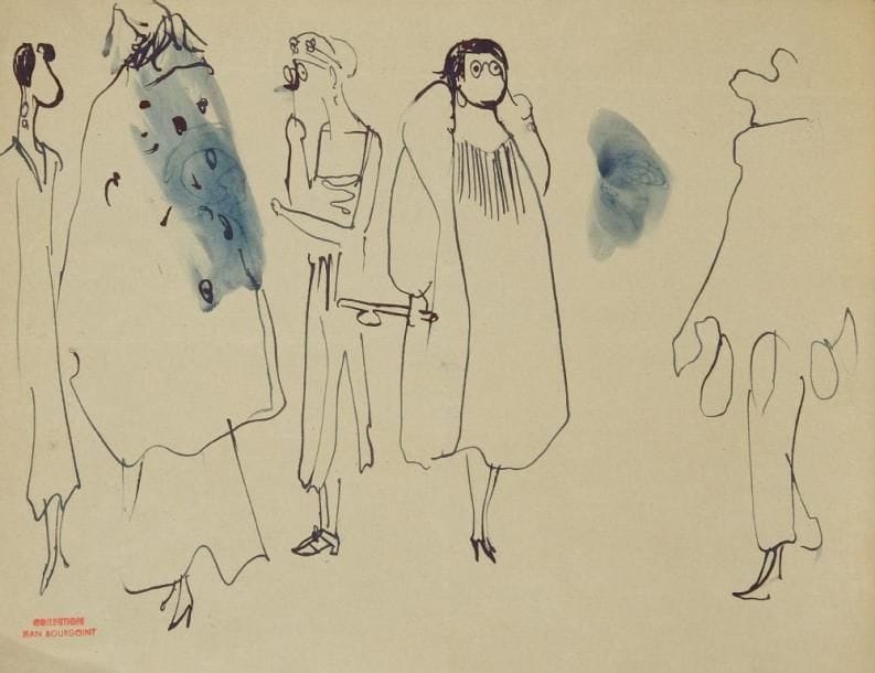 Christian BÉRARD (1902-1949)
Études de femmes au lorgnon; La robe rapiécée. Deux dessins à l?encre, portent le timbre rouge Collection Jean Bourgoint en bas un à droite, l?autre à gauche. 21 x 27 cm. (Pliures)