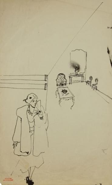 Christian BÉRARD (1902-1949)
Femme à l?éventail (étude pour Gigi?). Dessin à l?encre, porte le timbre rouge Collection Jean Bourgoint en bas à gauche. 42 x 26 cm. (Pliures)