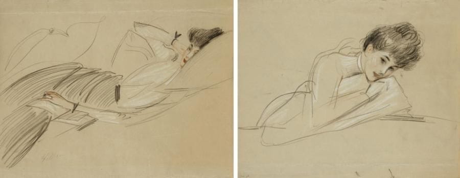 Paul-César HELLEU (1859-1927)
Jeune femme inclinée vers la droite (Alice, épouse de l?artiste), vers 1890. (Au verso: Jeune femme étendue, la main gauche reposant sur un livre). Mine de plomb, sanguine et rehauts de craie blanche sur japon. Signé en bas à gauche au verso. (Traces de plis parfois fracturées, petits enfoncements, le bord inférieur remplié). 35 x 45 cm. Provenance: Stuart Preston (1915-2005), critique d?art américain qui collabora au magazine The Connoisseur et au New York Times. Connu comme «the Sergeant», il fut une figure haute en couleurs du Londres élégant et intellectuel durant la Seconde Guerre mondiale et servit de modèle à Evelyn Waugh pour un personnage de ses romans