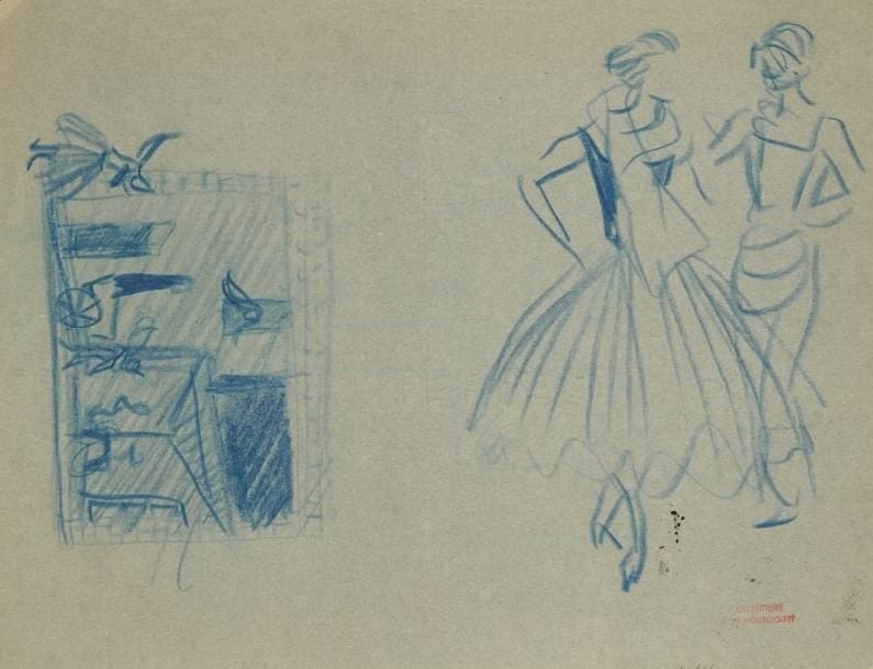 Christian BÉRARD (1902-1949)
Études pour les Forains (?); Femme au chapeau. Six dessins, cinq au crayon bleu, un à l?encre sur papier calque, un double-face, portent le timbre rouge Collection Jean Bourgoint en bas à droite. 21 x 27 (4) - 26 x 20,5 - 36,5 x 31,5 cm. (Accidents & pliures)
