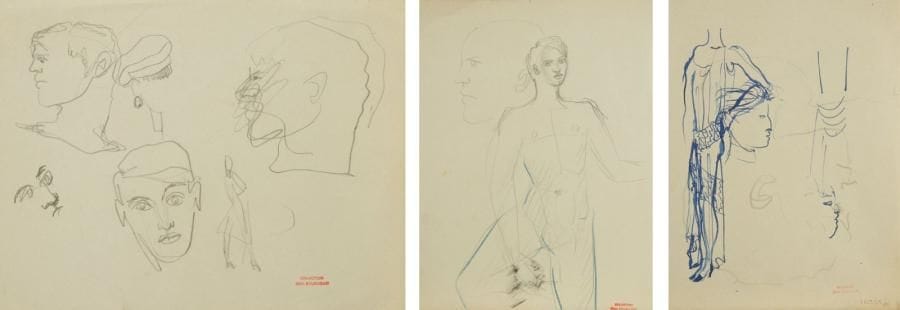 Christian BÉRARD (1902-1949)
Études de personnages; Études diverses. Dix-neuf dessins à l?encre ou au crayon noir, certains double-face, portent le timbre rouge Collection Jean Bourgoint dans le bas. 27 x 21 (9) - 21 x 27 (4) - 19 x 16 - 16 x 20 - 27 x 14,5 - 31 x 20 - 24 x 33 - 30,5 x 25 cm. (Quelques accidents)