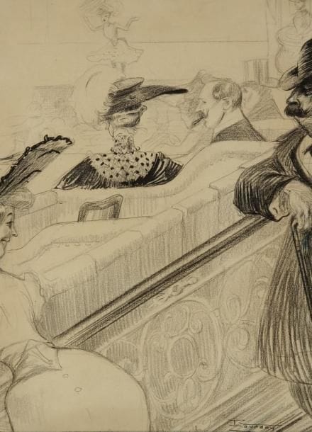 Maurice LOURDEY (1860-1934)
Au spectacle, vers 1900. Fusain et encre de chine sur vergé. Signé en bas à droite. 33,5 x 24,5 cm