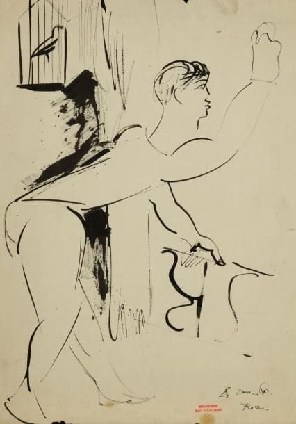 Ecole Moderne
Homme à sa fenêtre. Dessin à l?encre, porte une signature, dédicacé et porte le timbre rouge Collection Jean Bourgoint en bas à droite. 35 x 24,5 cm