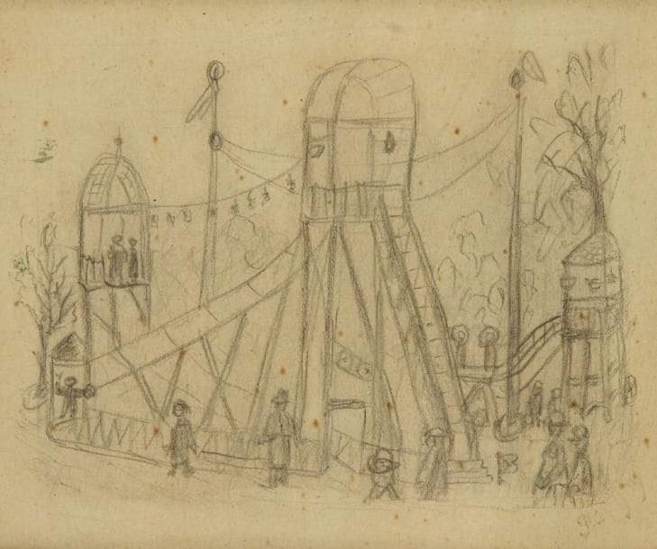 Jean PUNI dit POUGNY (1892-1956)
La fête foraine. Dessin au crayon noir. Porte le timbre de la signature en bas à droite. 12 x 14,5 cm