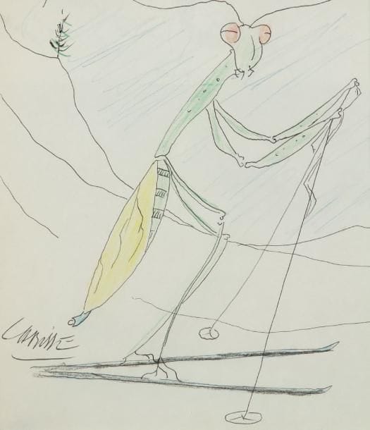 Félix Labisse (1905-1982)
La cigale à ski. Dessin au stylo bille. Rehaussé de crayons de couleur, signé vers le bas à gauche. 20 x 18 cm