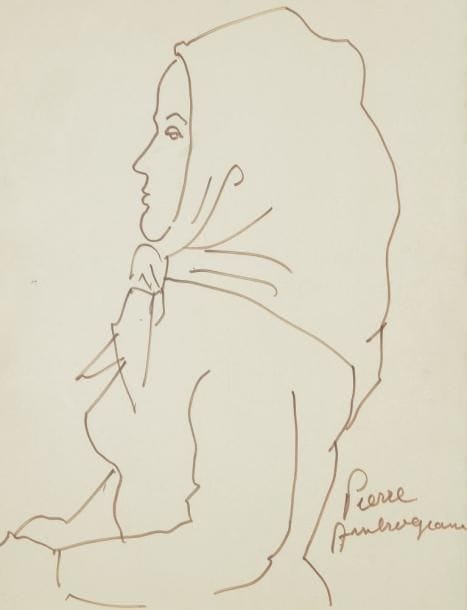 Pierre AMBROGIANI (1907-1985)
Femme de profil au fichu. Dessin au stylo feutre. Signé vers le bas à droite. 29 x 22 cm