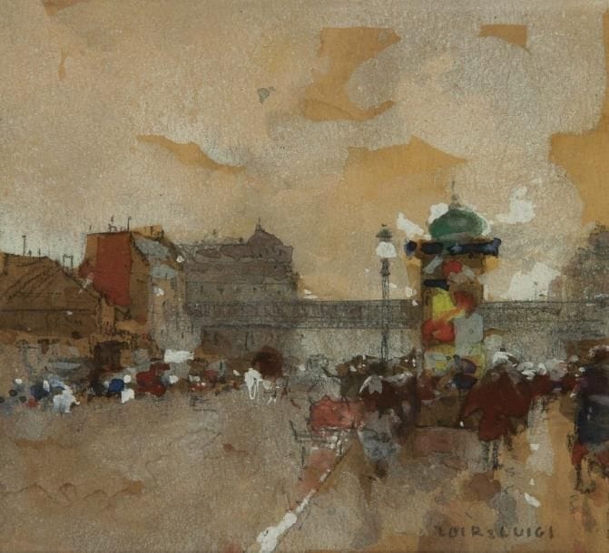 Luigi LOIR (1845-1916)
Rue à Paris. Aquarelle et gouache. Signée en bas à droite. 9,5 x 10,5 cm