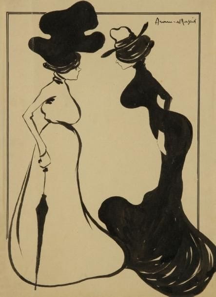 Aroun-al RASCID (Umberto Brunelleschi, dit) (1879-1949)
Deux élégantes face à face, vers 1900. Dessin de presse, encre de chine et pinceau sur vélin. Signé en haut à droite. (Pli vertical médian traversant la partie gauche du sujet; petite tache claire au bord gauche). 29,5 x 22 cm