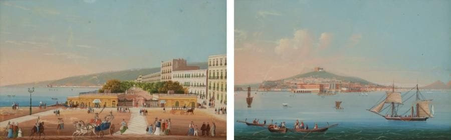 Ecole Napolitaine
Baie de Naples - Vue d?Italie. Deux gouaches. Non signées. 14.5 x 22 cm et 14.5 x 21 cm