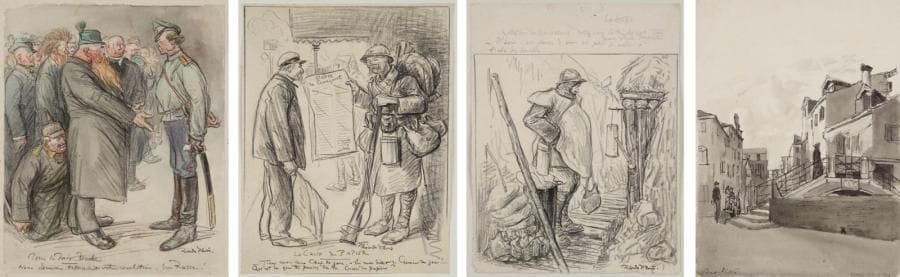 Ricardo FLORES (1878-1918)
Guerre 1914-18 (3) - Venise. Quatres dessins au fusain et aquarelle. Tous signés et titrés. Environ 30 x 24 cm chaque