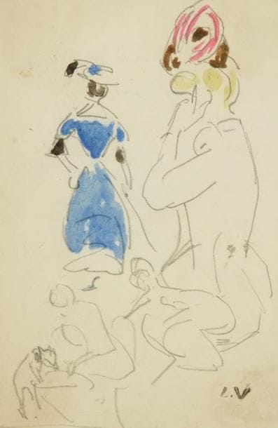 Louis VALTAT (1869-1952)
Elégantes. Dessin à l?encre et au crayon. Porte le timbre du monogramme en bas à droite. 16 x 10,5 cm