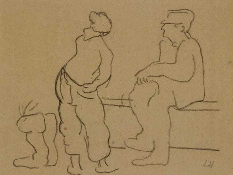 Louis VALTAT (1869-1952)
Rencontre. Fusain. Porte le cachet du monogramme en bas à droite. 22,5 x 29,5 cm