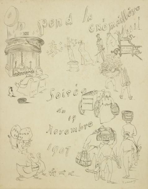 J. CHAPIN
On pend la crémaillère, Soirée du 19 novembre 1907. Dessin à l?encre. Signé en bas à droite. 28 x 22 cm