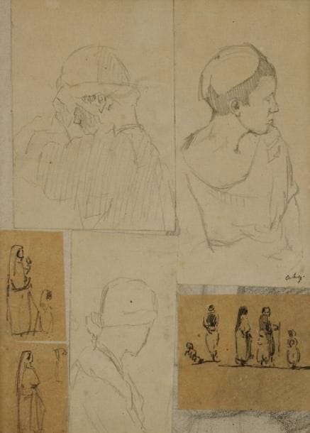 ALBERT LEBOURG (1849-1928)
Études de personnages. Six dessins à la mine de plomb ou crayons gras dans un même montage. L?un monogrammé en bas à droite. De 7.5 x 5 cm à 20 x 10 cm