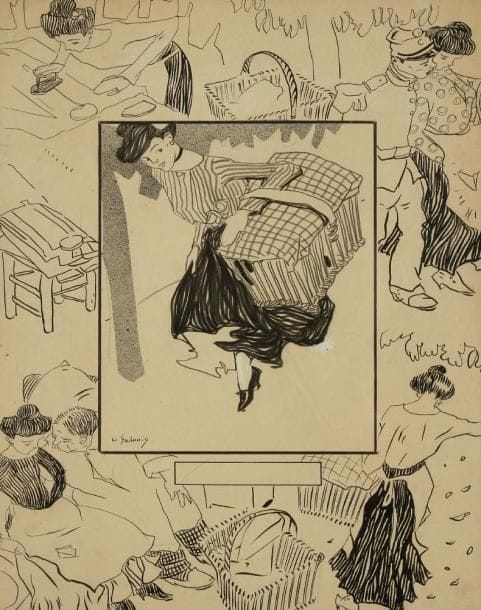 Demetrius Emmanuel GALANIS. (1882-1966)
Étude pour Frou-Frou, la blanchisseuse, 1903. Dessin à l?encre. Signé en bas à gauche. Publié dans Frou-Frou n°150 du 29 août 1903. 33 x 25 cm