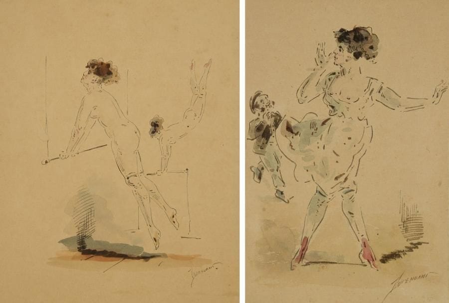 DUPENDANT
La gymnastique. Cinq dessins à l?aquarelle et encre. Tous signés en bas à droite. Environ 25 x 16 cm (2) et 26 x 21 cm (3)