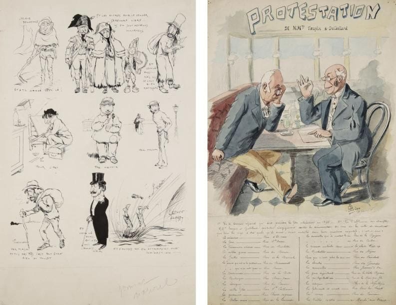 Léonce BURRET (1866-1915)
Caricatures. Dessin à l?encre. Signé en bas à droite. 48 x 31.5 cm. On y joint: G.Lion. Protestation, 1893. Aquarelle. Signée et datée en bas à droite. 47 x 29 cm