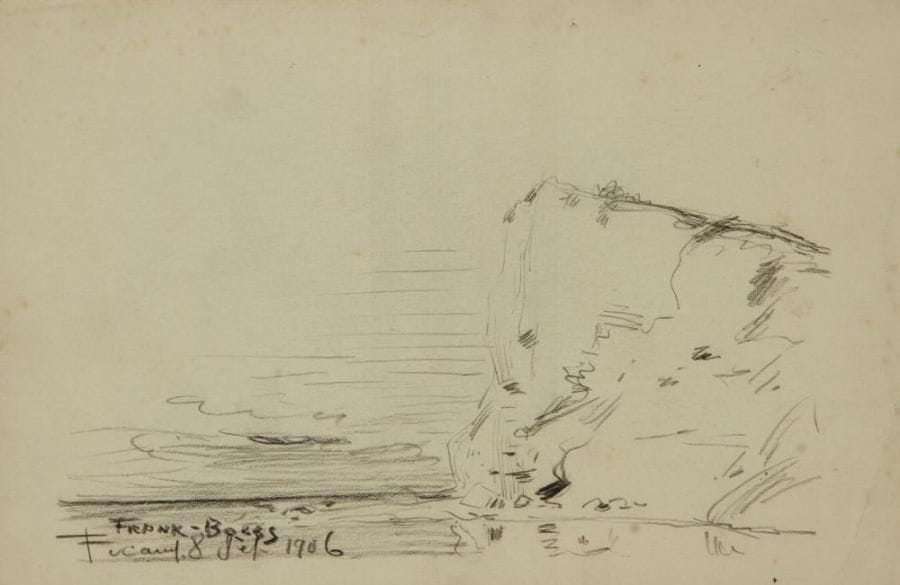 Frank - Myers BOGGS (1855-1926)
Falaise à Fécamp, 1906. Dessin à la mine de plomb. Signé, daté et situé en bas à gauche. 15,5 x 23,5 cm