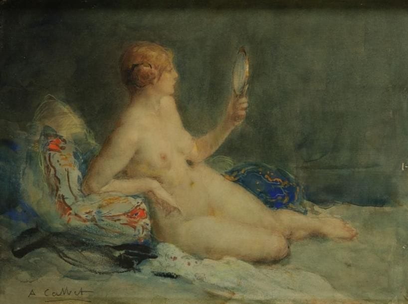 Antoine CALBET (1860-1944)
Femme au miroir. Aquarelle. Signée en bas à droite. 22 x 30 cm