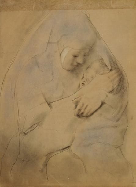 Armand RASSENFOSSE [suédois] (1862-1934)
Femme à l?enfant. Crayon et estompe. Signé en bas à gauche. (Petits plis et taches). 32 x 35 cm