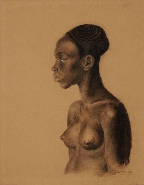G. DAWANL?
Profil de femme noire, 1934. Fusain. Signé et daté en bas à droite. (Accidents). 41 x 32 cm