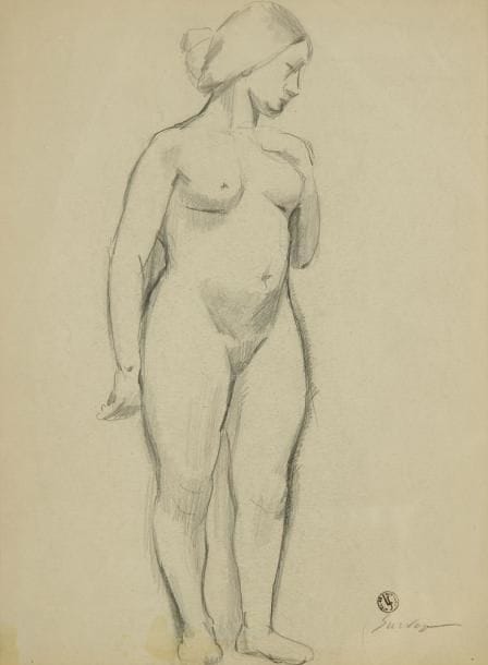 Leopold SURVAGE (1879-1968)
Étude de femme. Dessin à la mine de plomb. Cachet de l?atelier et signé en bas à droite. (Taches et pliure). 31 x 24 cm