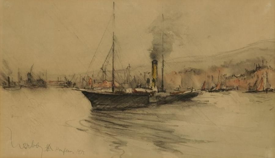Fernand HERBO (1905-1995)
Honfleur, bateau à l?entrée du port, 1933. Aquarelle. Signée, datée et située en bas à gauche. 39 x 57 cm