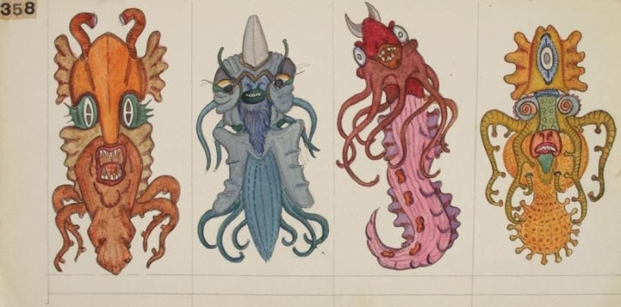 Poulpes, Seiches, Fruits de mer (Pulpos, Sipias, Mariscos). 57 (sur 59) animaux en 17 planches numérotées de 348 à 364 (planche 362 incomplète, seuls deux dessins sur 4, découpés, sont présents). Dans une couverture cartonnée de la ville de Barcelone portant le numéro 7 à l?encre et sur laquelle un dessin d?un «poulpe» est collé