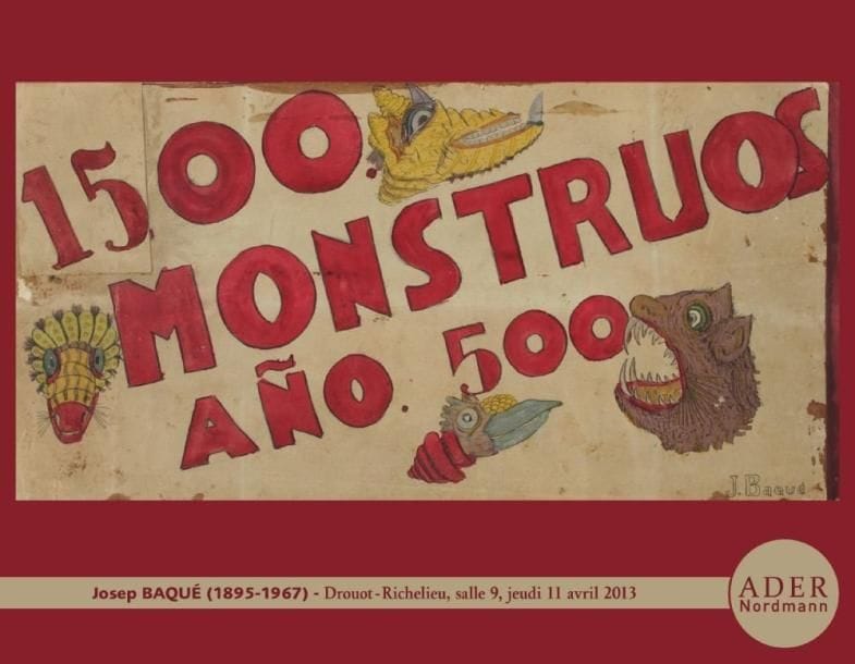 JOSEP BAQUÉ (1895-1967)
1 500 Animaux, phénomènes rares, bêtes jamais vues, monstres et hommes primitifs en 454 planches numérotées de. 1 à 454. Aquarelle, gouache, encre, mine de plomb et rehauts d?or et d?argent sur papier, certains portant en filigrane le blason de la ville de Barcelone. . Vers 1932.. Chaque planche comportant de 1 à 8 dessins: environ 17 x 34 cm. Vendu en 10 lots avec faculté de réunion.. Exposition: Fond?action Boris Vian, octobre 2007, organisée par Le Collège de Pataphysique, édition d?une carte postale commémorative.. Bibliographie: Revue des pataphysiciens Viridis Candela n°1, 8e série, année 135 de l?ère Pataphysique . (8 sept. 2007 - 7 sept. 2008) Josep Baqué (1895-1967) est né à Barcelone. Son père travaille dans une fabrique de carreaux de céramique. Un de ses oncles, employé dans une entreprise d'estampage de textile, lui fait découvrir les arts décoratifs et l'imagerie populaire. Très jeune, il est fasciné par les publications et magazines illustrés dans lesquels il se réfugie régulièrement. Josep Baqué quitte tôt le foyer parental et voyage en Europe (France, Allemagne, Belgique). Durant ses périples, il exerce différents métiers, parmi lesquels aidecuisinier, manutentionnaire, tailleur de pierres, ou encore employé dans des marbreries. De retour dans son pays en 1928, il entre à la police municipale (Guardia Urbana). Il est célibataire et vit avec sa mère. Dès le début des années 30, et pendant des dizaines d'années, il réalise plus de mille cinq cent dessins de «monstres, merveilles et phénomènes rares» à l'encre et à la gouache sur papier à dessin