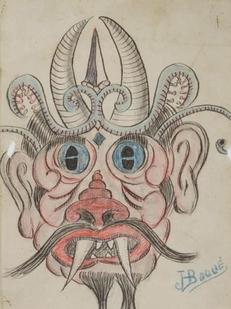 JOSEP BAQUÉ (1895-1967)
Tête de monstre. Dessin à l?encre et aux crayons de couleurs. Signé en bas à droite. (Petits accidents). 22 x 16,5 cm