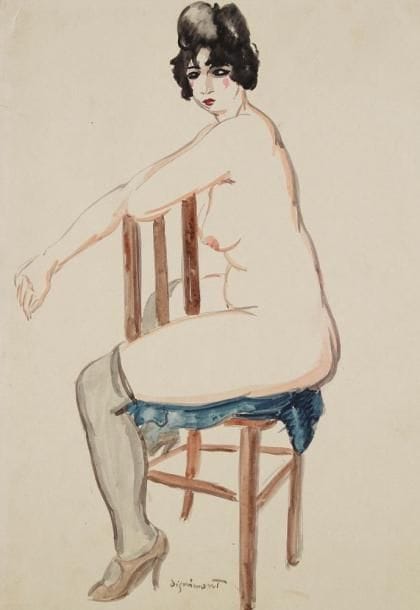 André DIGNIMONT (1891-1965)
Femme à la chaise. Aquarelle. Signée en bas au milieu. 41 x 29 cm