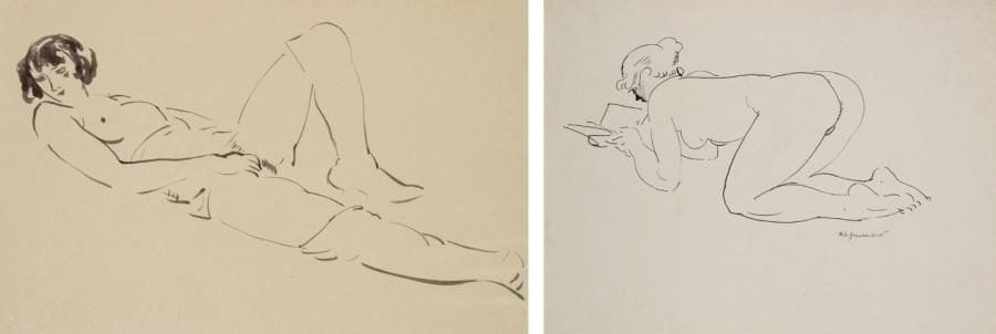 André DIGNIMONT (1891-1965)
Femme lisant - Femme allongée. Deux dessins à l?encre. Signés. 32,5 x 43 cm et 18 x 27 cm