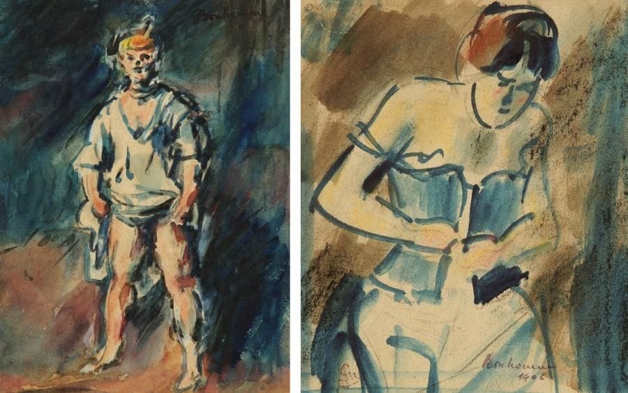 Léon BONHOMME (1870-1924)
Femme enfilant son corset, 1906 - Femme en chemise en pied. Deux dessins à l?aquarelle et à la gouache. La 1e sur vélin mince, signée et datée en bas au centre, la 2e sur vélin fort, signée dans l?angle supérieur droit, avec restes d?ancien montage aux bords du feuillet au recto. 15,2 x 13 cm et 17,6 x 13,2 cm