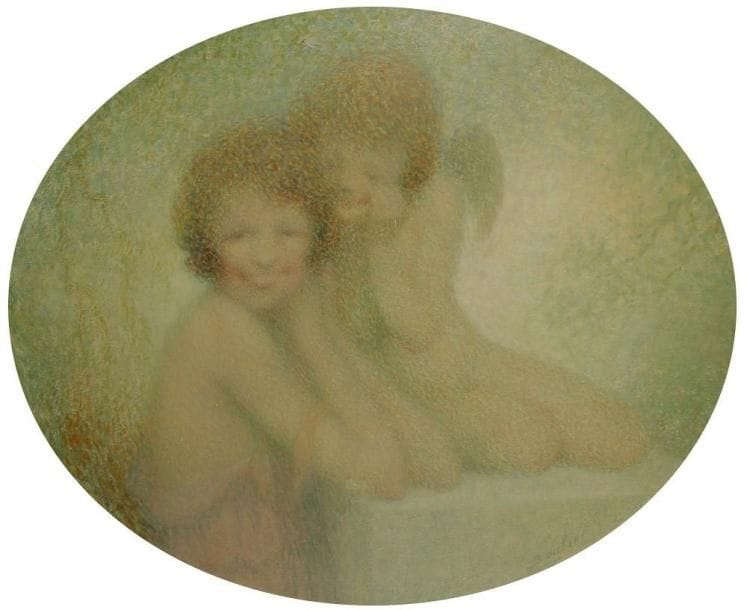 Lucien BOULIER (1882-1963)
Amours. Huile sur carton ovale. Signée en bas à droite. 54 x 65 cm