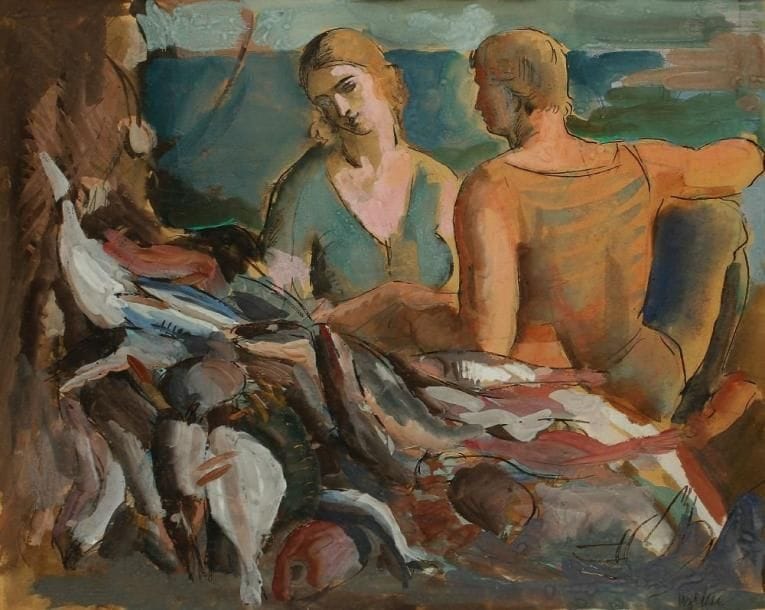 Milivoy UZELAC (1897-1977)
Famille de pêcheurs. Gouache et encre. Signée en bas à droite. 33 x 41 cm