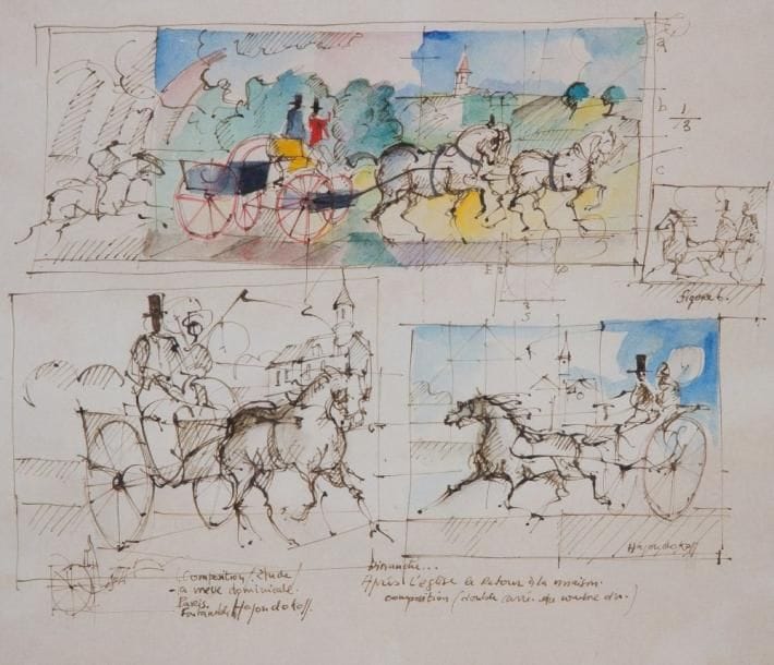 Constantin HAGONDOKOFF (né en 1934)
Études d?attelage. Encre et aquarelle. Signé en bas à droite. Annotations de l?artiste. 24 x 28,5 cm